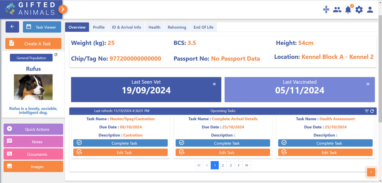 Animal Shelter and Welfare management Profile summary displaying personal information, including name, age, and dates.