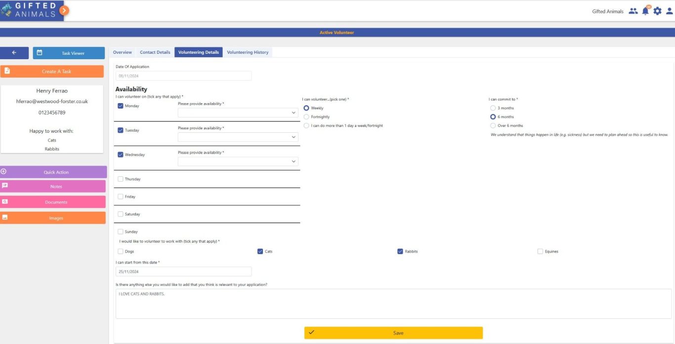 Volunteer records and applications User interface displaying various settings and options for configuration.