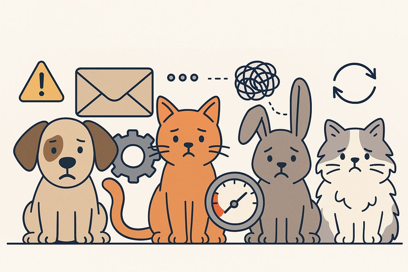 Four cartoon animals: a dog, cat, rabbit, and cat, with gear, envelope, and warning icons.