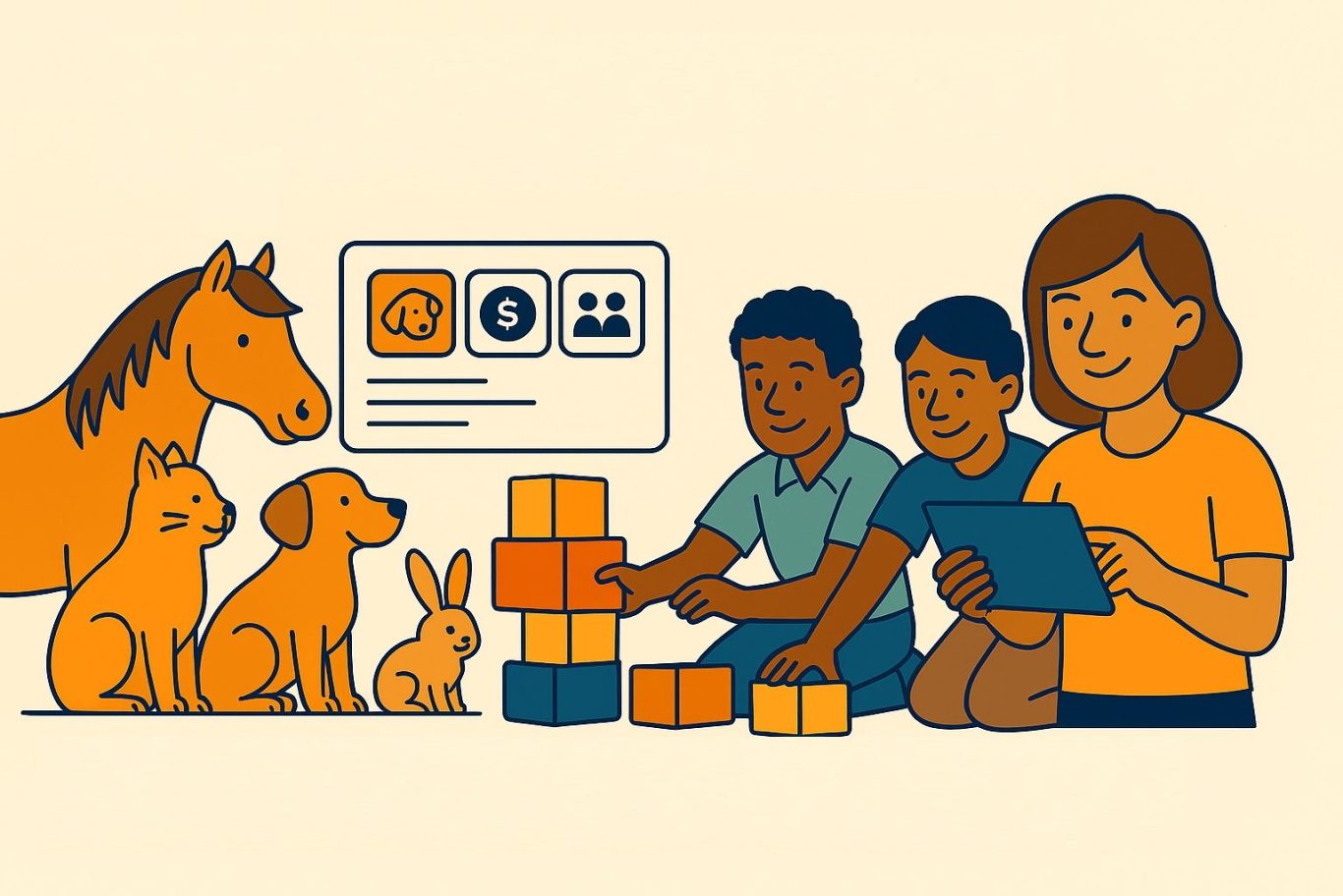 Children and animals play with blocks and a tablet in a vibrant, educational setting.