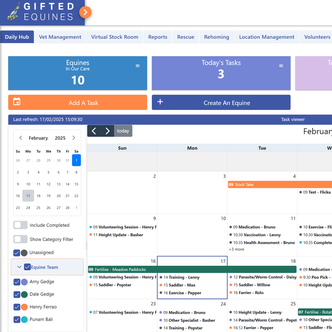 Calendar interface displaying events and tasks for Gifted Equines.
