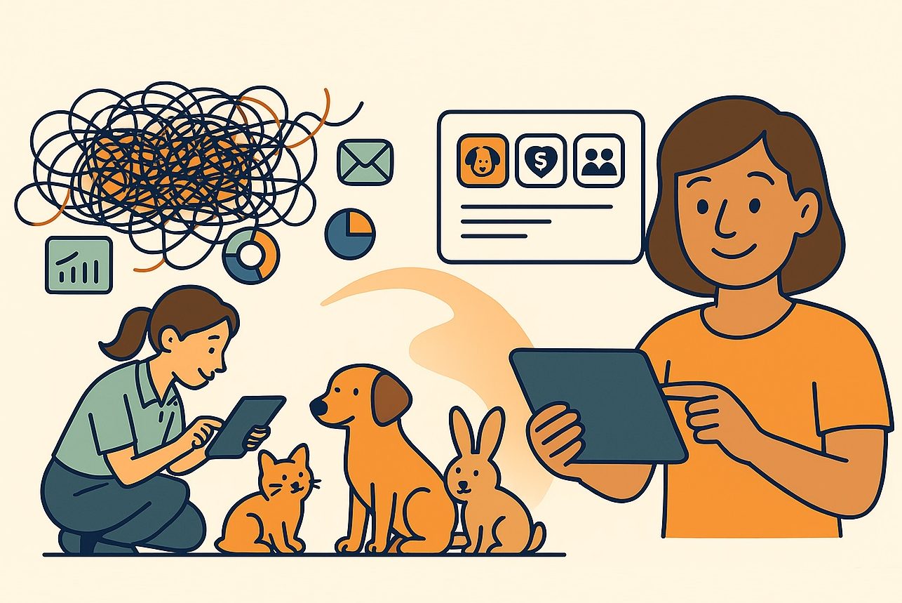 A woman using a tablet with three pets nearby, amidst scattered digital icons.