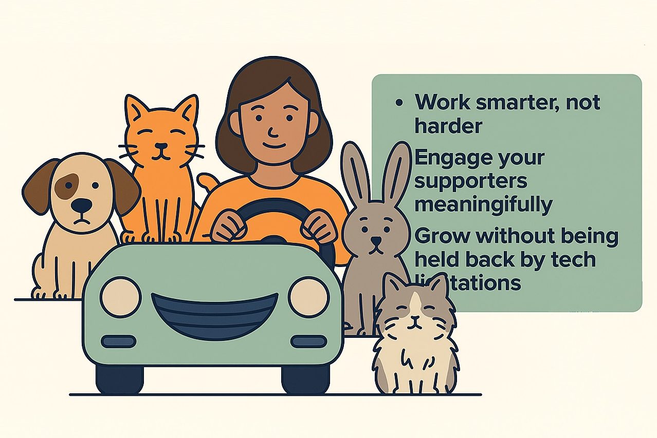 Person driving a car with a dog, cat, rabbit, and fox nearby; text highlights work tips.