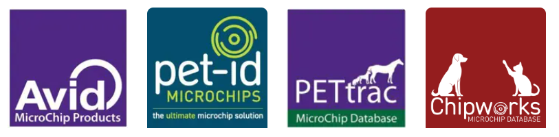 Logos of four pet identification and tracking companies: Avid, pet-id, PETtrac, and Chipworks.