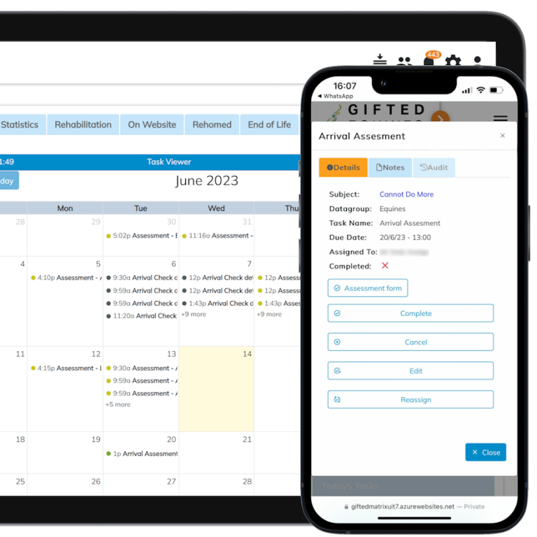 A calendar display and a form on tablet and smartphone screens for scheduling events.